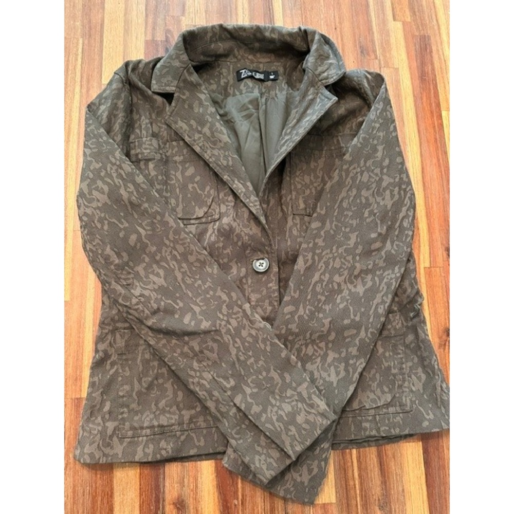 7th Avenue New York & Company Olive Green Animal Print Jacquard Blazer Jacket L
